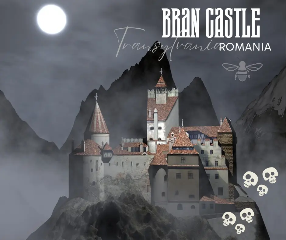 The legendary Bran Castle of Transylvania, enveloped by night mist under a full moon, evokes an eerie atmosphere.