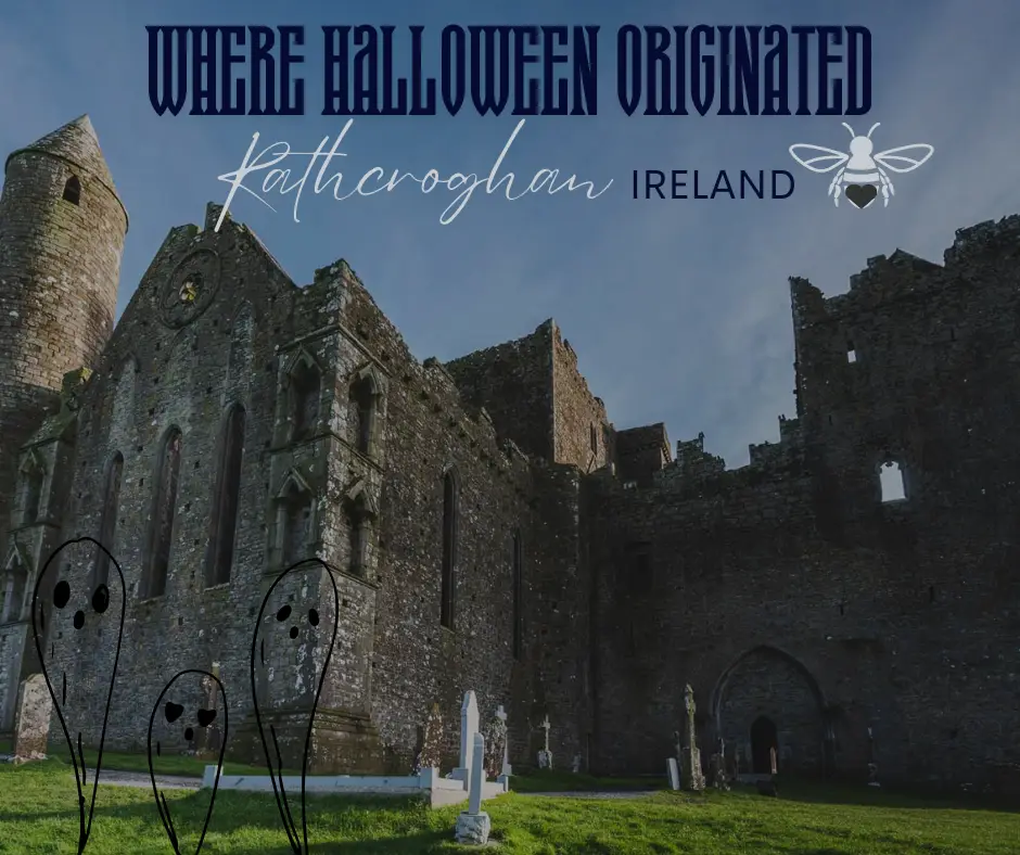 Ruins of Rathcroghan, the medieval royal site in Ireland, with the title ‘Where Halloween Originated’ and a graphic of a bee above the location name.