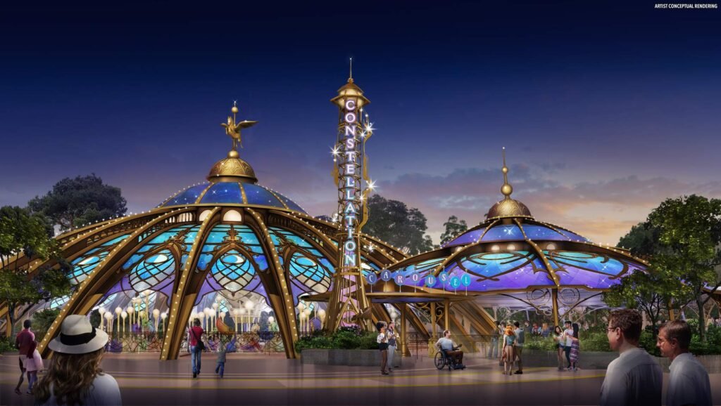 Artist’s conceptual rendering of the Constellation Carousel at Universal Epic Universe, featuring riders on celestial-themed creatures like lions, dragons, and bears.