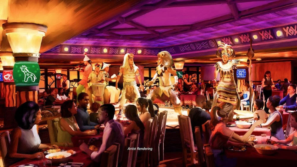 An artist’s rendering of a vibrant dining experience at Pride Lands: Feast of The Lion King, showcasing performers in costumes inspired by the iconic Disney movie characters singing amidst guests enjoying themed cuisine.