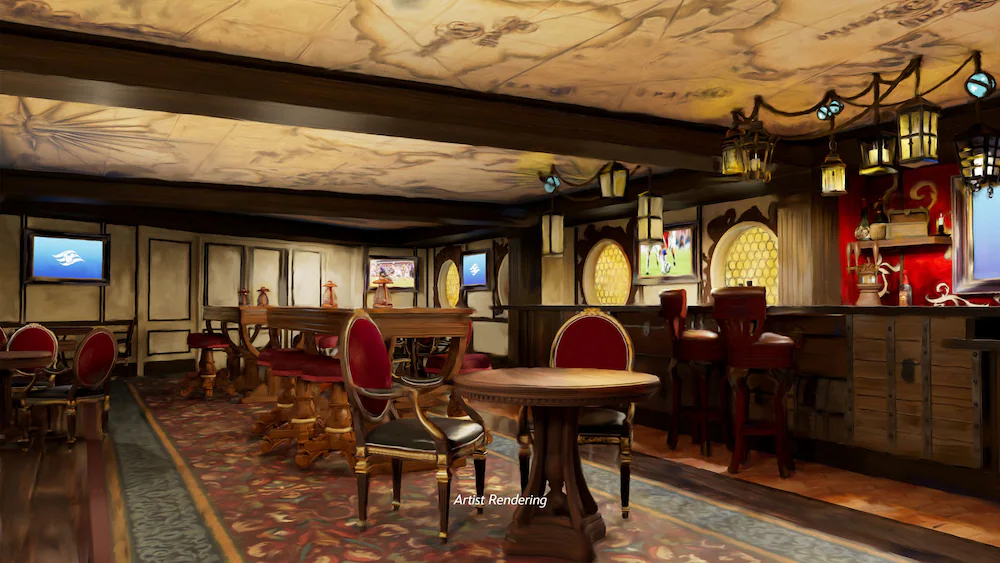 Interior of The Cask and Cannon pub with pirate-inspired decor, including rum bottles and jail cell keys, with a relaxed atmosphere and sports broadcasting on screens.