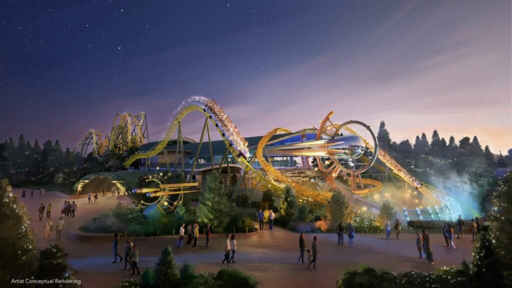 Artist’s conceptual rendering of the Stardust Racers ride at Universal Epic Universe, featuring dual-launch racing coasters with sparkling starlights and an inverted crisscross maneuver.