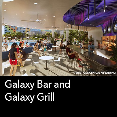 Artist’s conceptual rendering of the Galaxy Bar and Galaxy Grill, a modern space-themed restaurant with patrons at the bar and tables, featuring futuristic design elements.