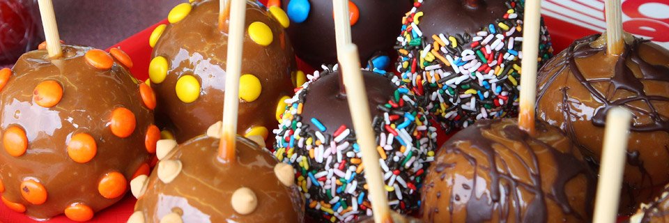 Candy apples with caramel and chocolate coatings at the New York State Fair