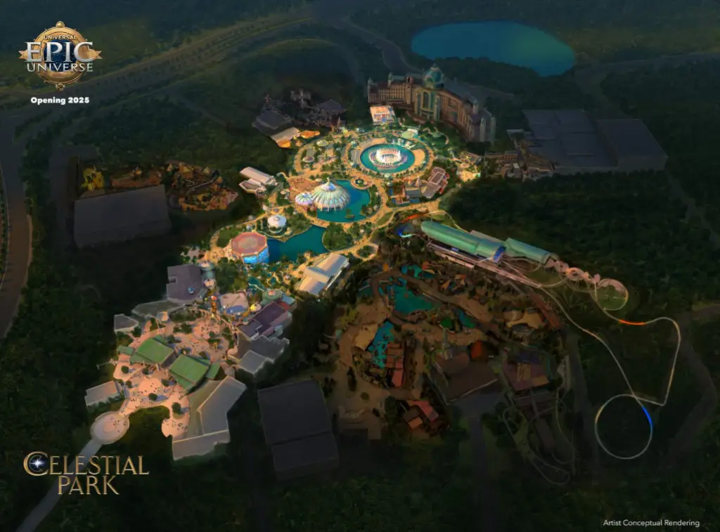 Artist’s conceptual rendering of Celestial Park at Epic Universe, featuring a central lagoon, various attractions, and greenery.