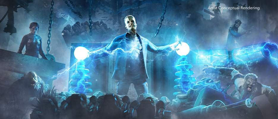 Artist’s conceptual rendering of The Frankenstein Experiment attraction at Universal Studios, featuring a dark laboratory with electric sparks and eerie lighting.