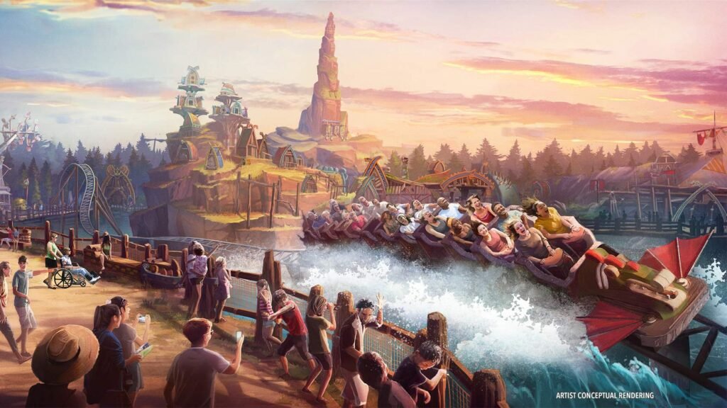 Artist’s conceptual rendering of Hiccup’s Wing Gliders ride at Universal, featuring a flying machine coaster with passengers soaring through the air, with a vibrant backdrop of a whimsical Viking village and towering rock formations.