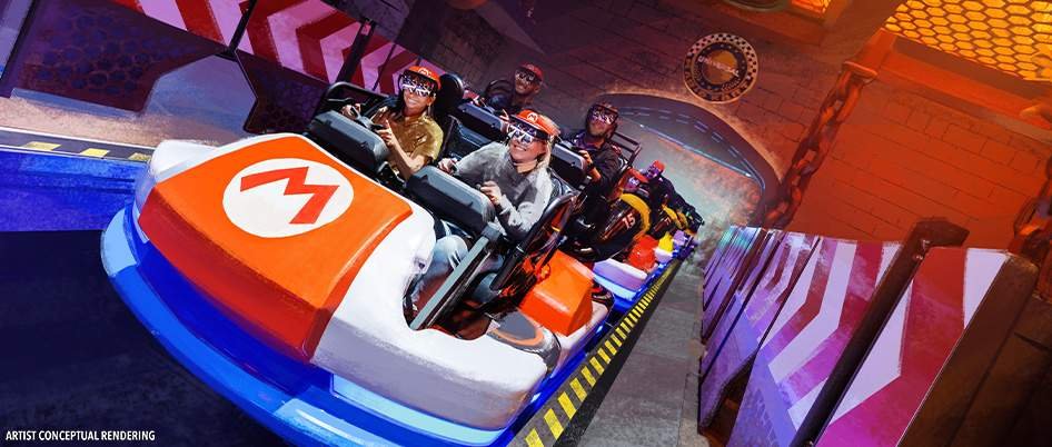 Artist’s conceptual rendering of the Mario Kart: Bowser’s Challenge ride at Universal Studios, featuring guests wearing special goggles seated in a Mario-themed kart on a colorful, game-inspired racetrack.