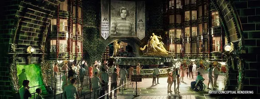 Artist’s conceptual rendering of the Harry Potter and the Battle at the Ministry™ attraction at Universal Studios, featuring visitors in a grand hall with towering shelves, magical artifacts, and a central golden statue.