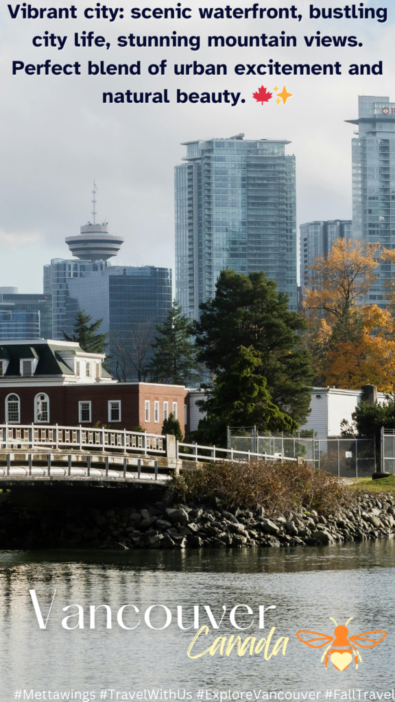 A scenic view of Vancouver featuring a waterfront pathway leading to a red-roofed building, with autumn-colored trees and modern skyscrapers in the background under a partly cloudy sky.