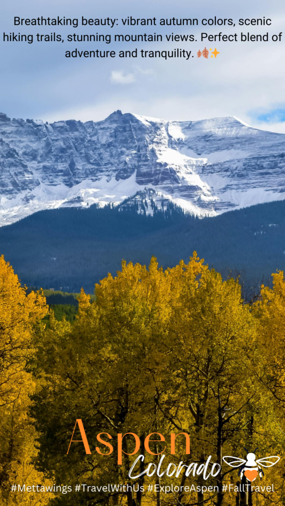 A breathtaking view of a snow-capped mountain behind a forest of aspen trees with vibrant yellow leaves under a partly cloudy sky.