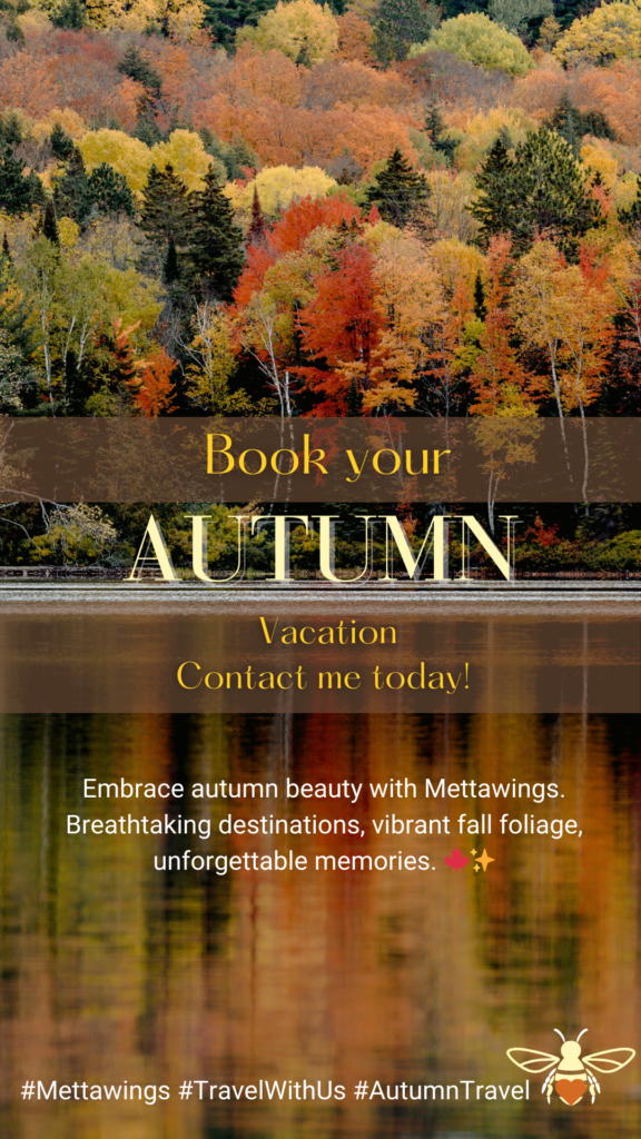 Promotional image for autumn vacation featuring a serene lake with a reflection of trees in vibrant fall colors.