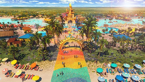 Aerial view of Paradise Plaza with a bustling crowd, colorful beach umbrellas, and palm trees. Image courtesy of the Carnival Site.