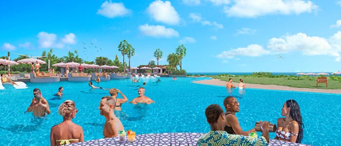 Guests enjoying drinks at the swim-up bar in Pearl Cove, Celebration Key. Image courtesy of the Carnival Site.