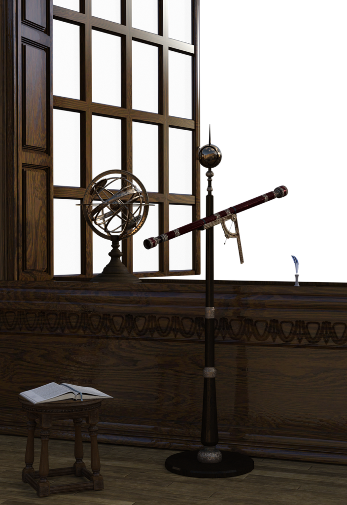 Antique brass telescope and armillary sphere in front of a large window in a vintage wooden interior, symbolizing historical astronomical exploration related to Earth’s temporary second moon.