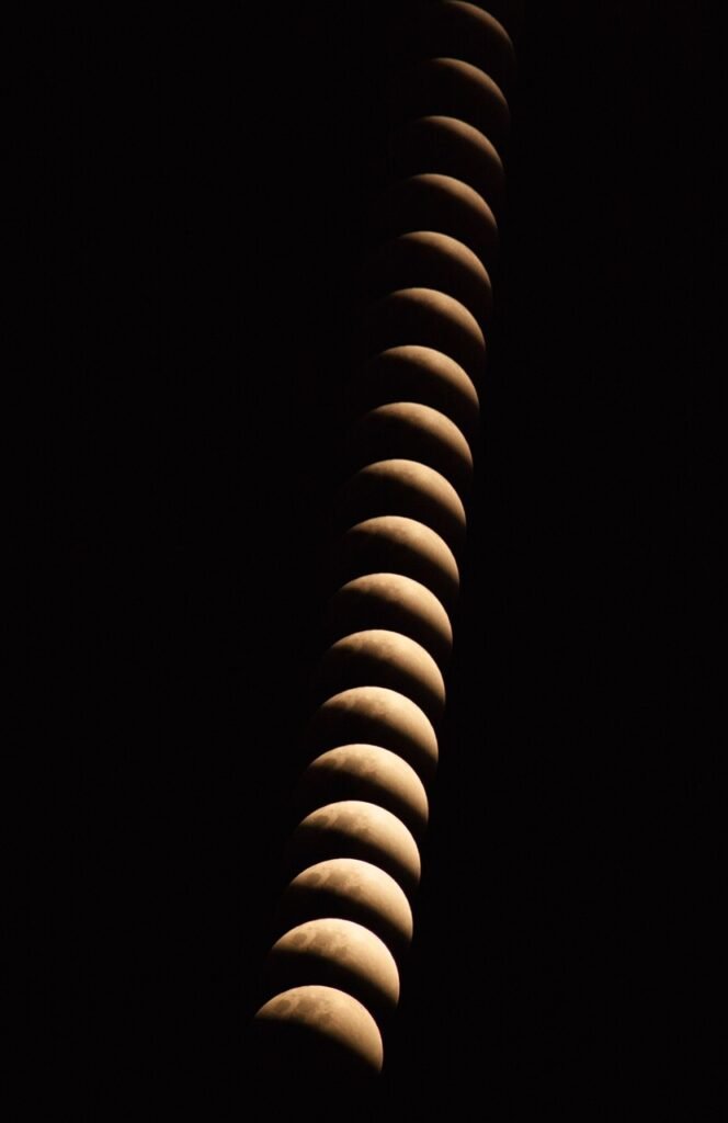 A series of sequential images showing the phases of a lunar eclipse against a dark background.