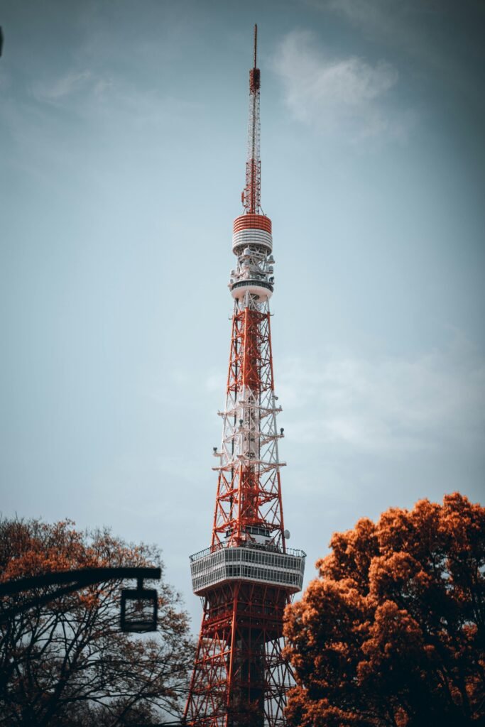 Tokyo Tower with a clear sky in the background and vibrant orange foliage in the foreground.