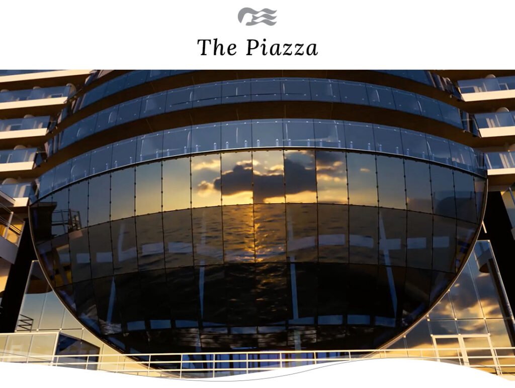 Sunset reflected on the glass facade of The Piazza on Sun Princess Cruise Ship, showcasing elegant design and serene ocean views.