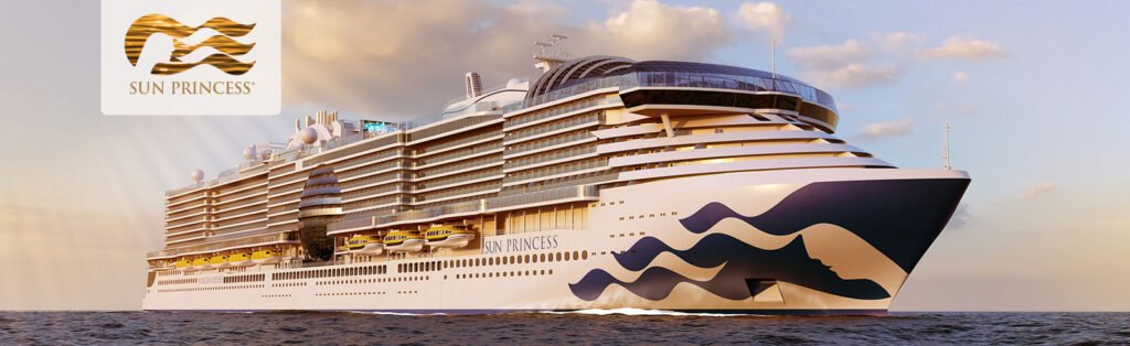 Sun Princess Cruise Ship on the water with multiple decks and distinctive wave design on the hull.