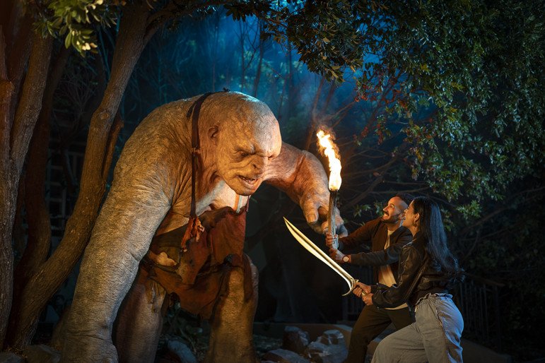 Two people confront a large, fantastical Middle-earth creature in a forest setting, one holding a torch and the other wielding a sword.