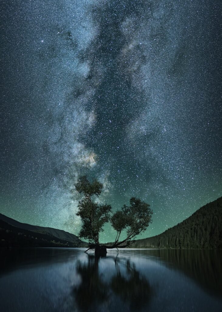 Upcoming Celestial Insights. The Milky Way galaxy arching over a serene lake with trees and mountains in the background.