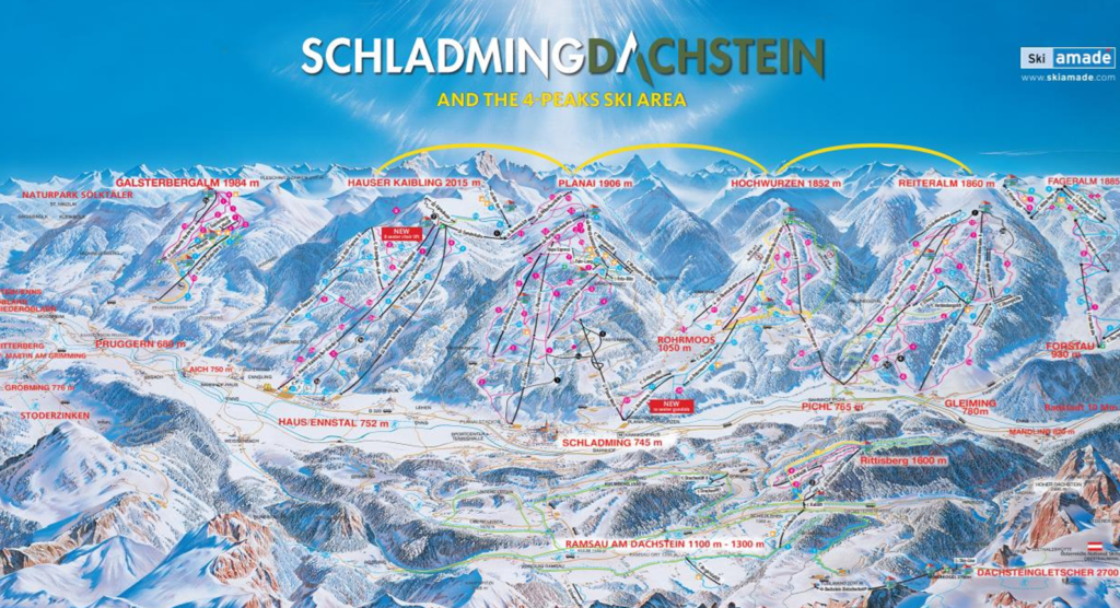 Snow-covered Schladming-Dachstein mountains and 4 Peaks Ski Area with ski trails.