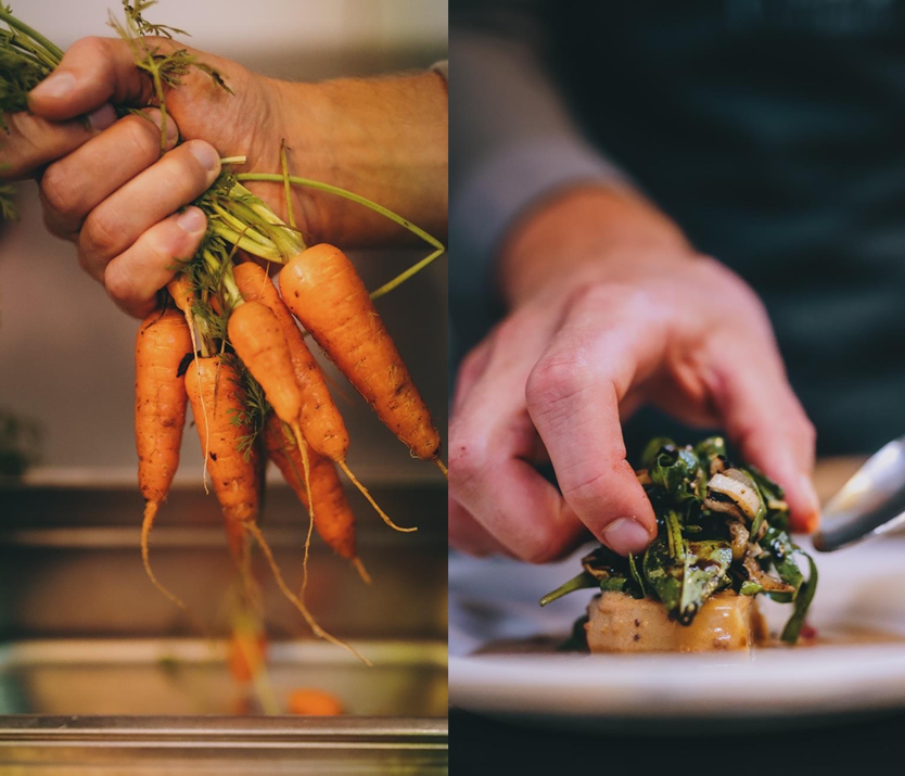 Hand holding fresh carrots and someone plating a meal of alpine cuisine in Zell am See-Kaprun.