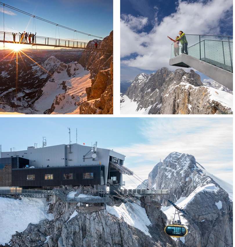 Ski Austria at the Dachstein Glacier with panorama cable car, Stairway to Heaven, and suspension footbridge, the Stairway to Nothingness.