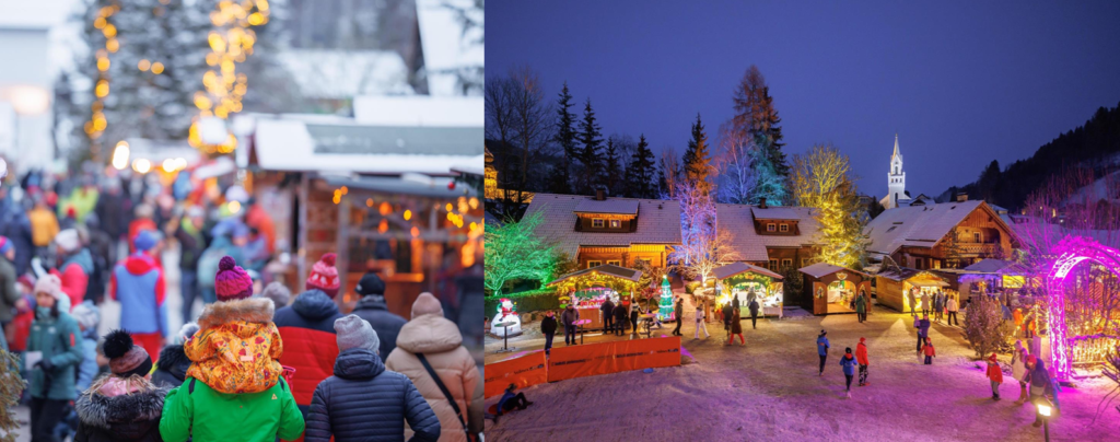 Historic old town center of Schladming with charming buildings and cobblestone streets.