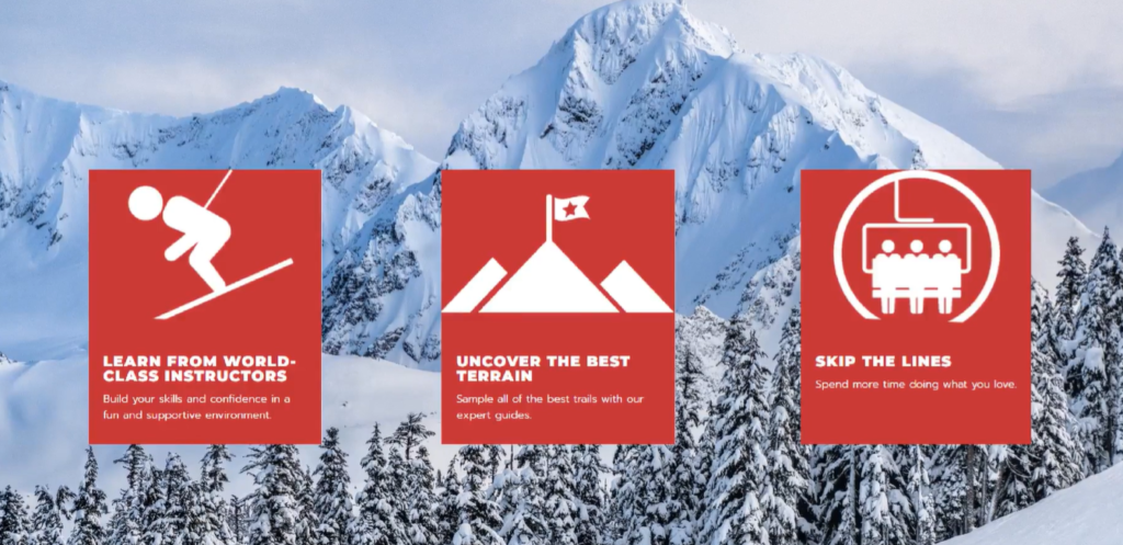 Whistler Blackcomb Three promotional banners with icons and text in front of a snowy mountain background. The banners read: 'Learn from World-Class Instructors,' 'Uncover the Best Terrain,' and 'Skip the Lines.