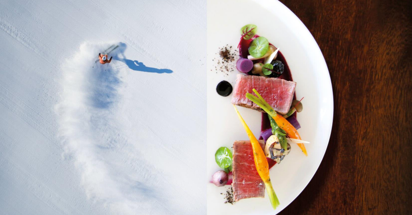 Circular image with a skier on one half and a plate of food on the other half in Zell am See-Kaprun.